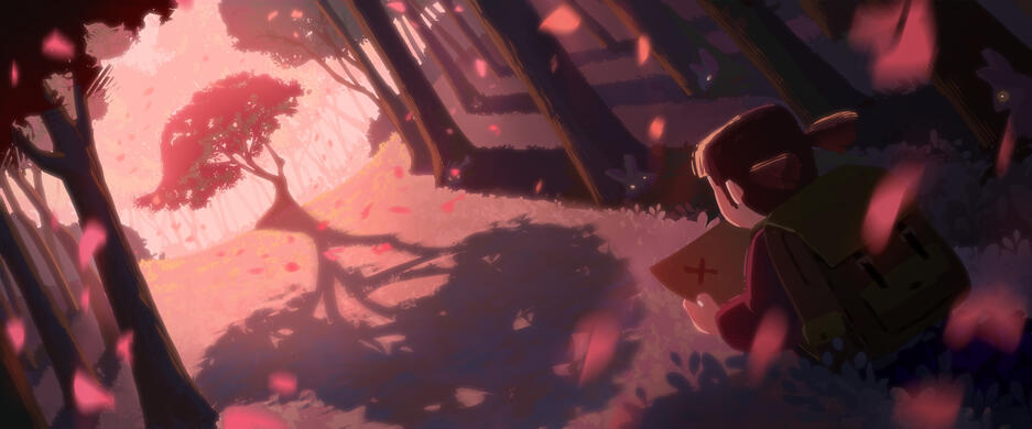 Keyframe illustration for &quot;Tiffanie Mang Mentorship&quot;: A young girl must cross an enchanted forest known for carrying strange spirits to find a magic flower that will be the cure for her ailing grandma.