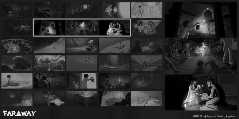 FARAWAY project: Group work where we each did 3 frames to create a coherent story. I did the 3 frames that are highlighted. The other ones have their opacity lowered.